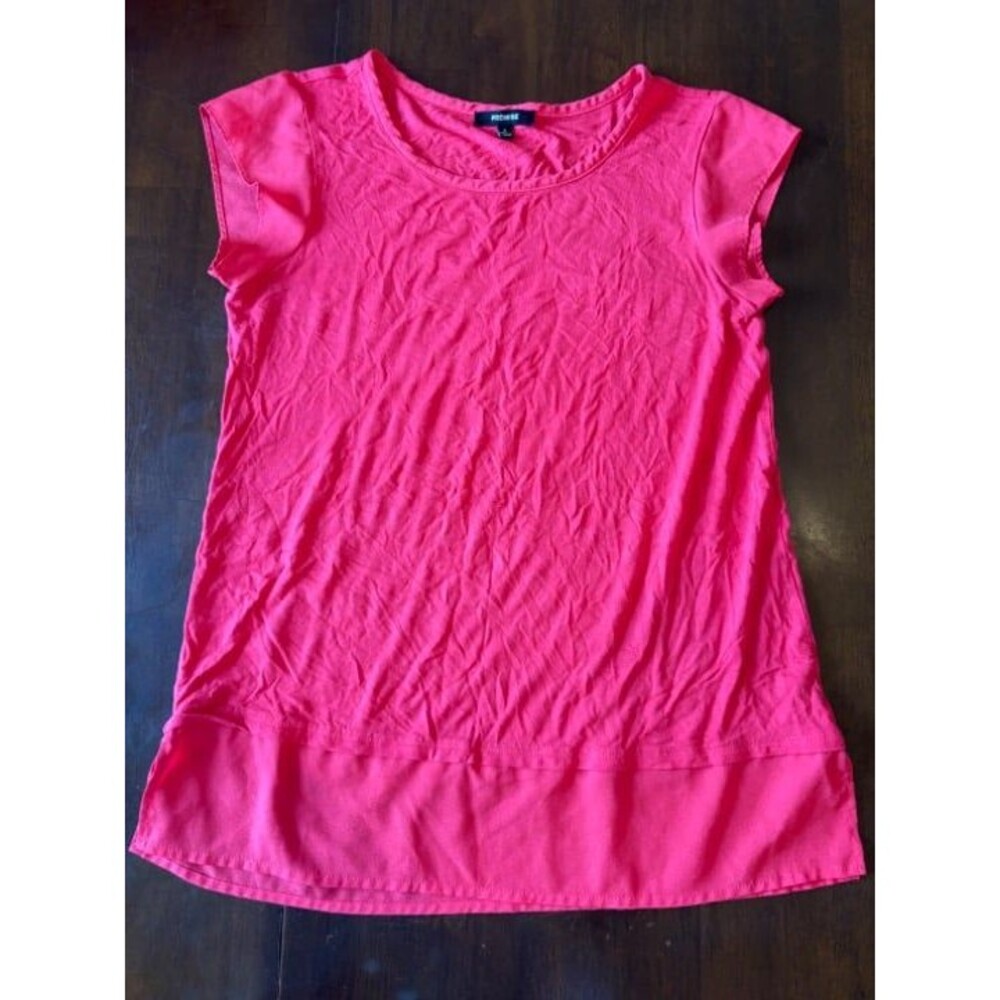 Women's bright bubble gum pink top with mesh sleeves and hem scoop neck soft